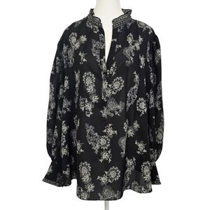 Max Studio Black White Floral Ruffle Neck Blouse Top Feminine Lightweight